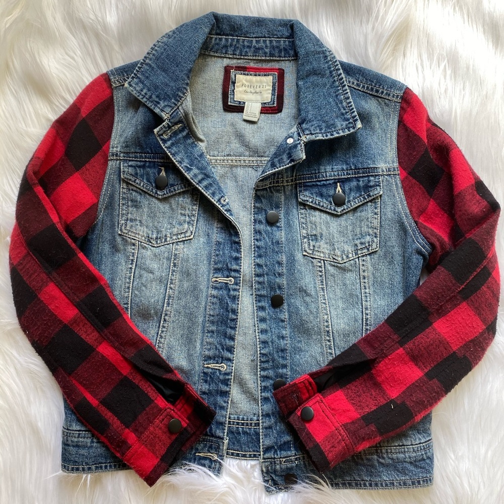Forever21 Plaid Sleeved Denim Jacket - Picture 2 of 7